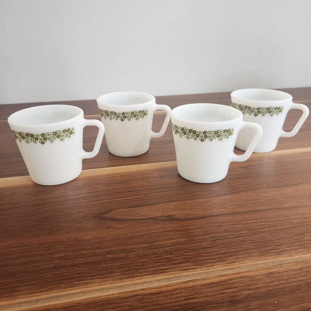 Vintage Pyrex Crazy Daisy Milk Glass Coffee Mug #1410 Set of 4 MCM White Green